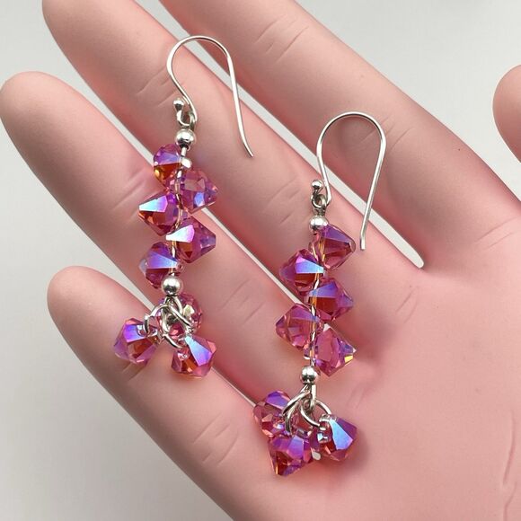 Made With Swarovski Crystal Pink AB Teardrops Sterling Silver Earrings Dangle - Picture 6 of 7